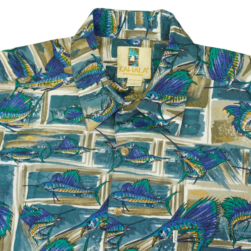 Kahala Button Up Shirt Mens L Blue Sailfish Marlin Fish Print Cotton Hawaiian